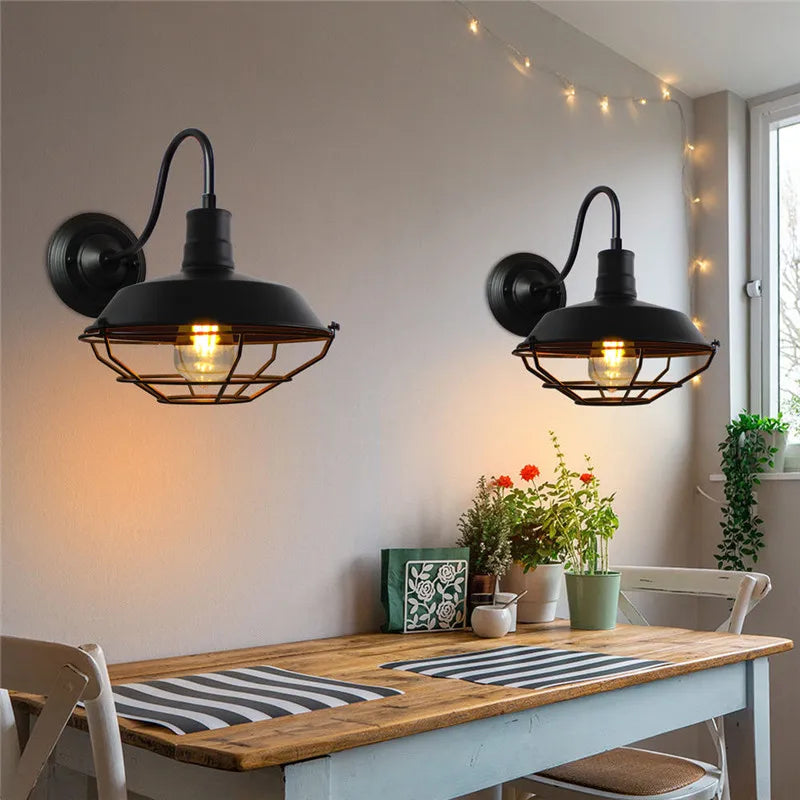 American Loft Sconce Gooseneck Wall Lights LED E27 Vintage Industrial Iron Cage Farmhouse Wall Lamp Home Bar Decor Lighting