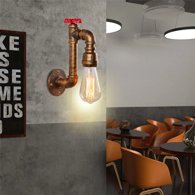 Vintage Water Pipe Wall Light Fixture Steampunk Industrial E27 Wall Lamp Iron Metal Sconce for Corridor Cafe Bar Decor